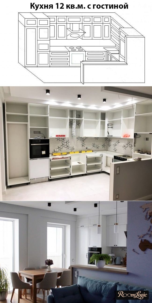 kitchen-living room zoning 130 square feet