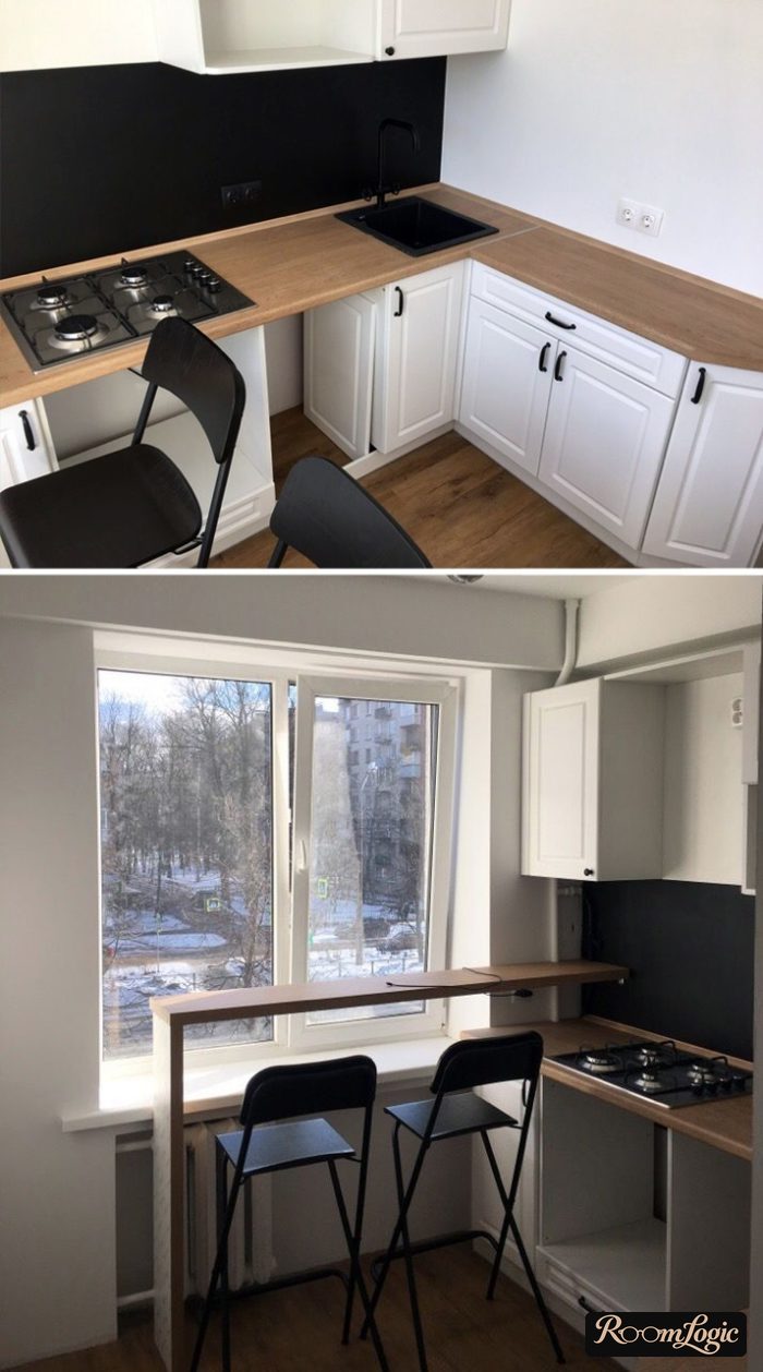 Kitchen for a tiny apartment, 65 square feet, with a breakfast bar