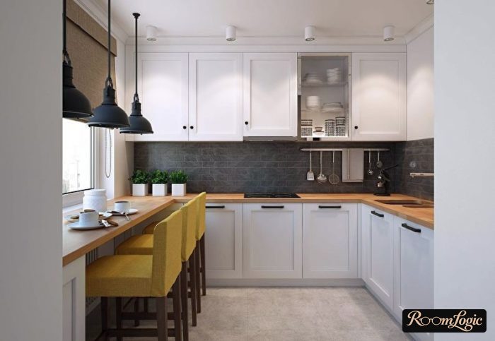 kitchen with 3 by 4 layout and window sill as countertop