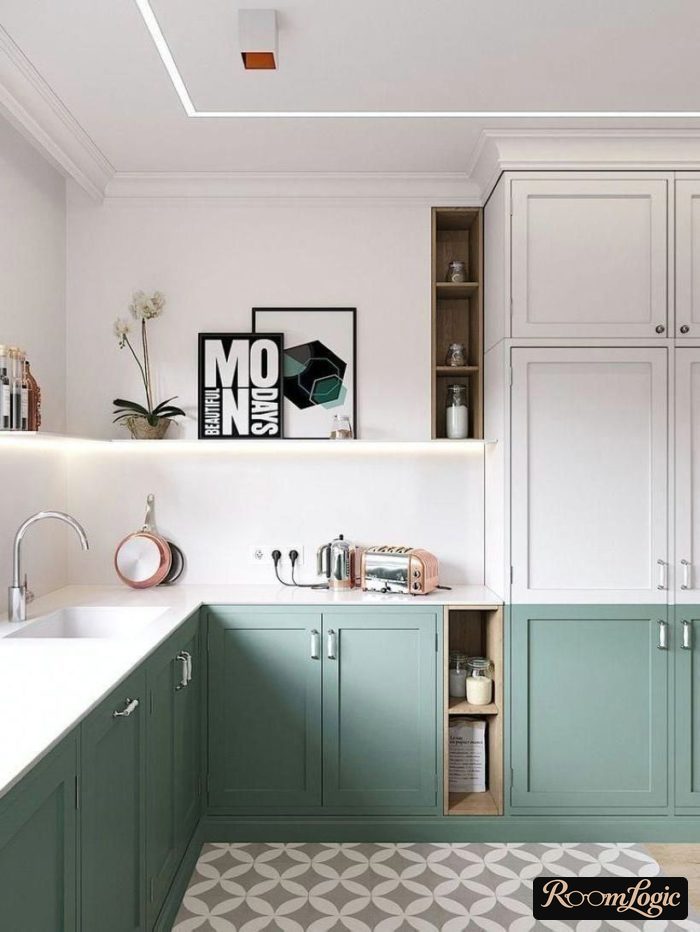 kitchen with a peninsula and open shelves with lighting