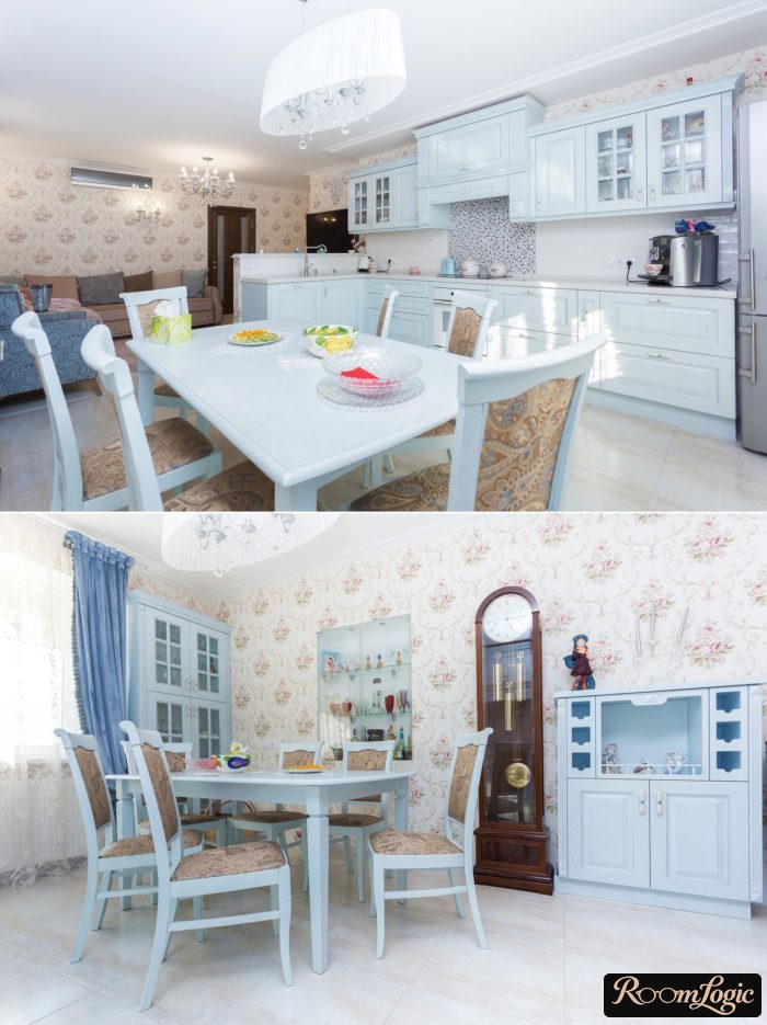kitchen with classic style, light blue wallpaper and furniture