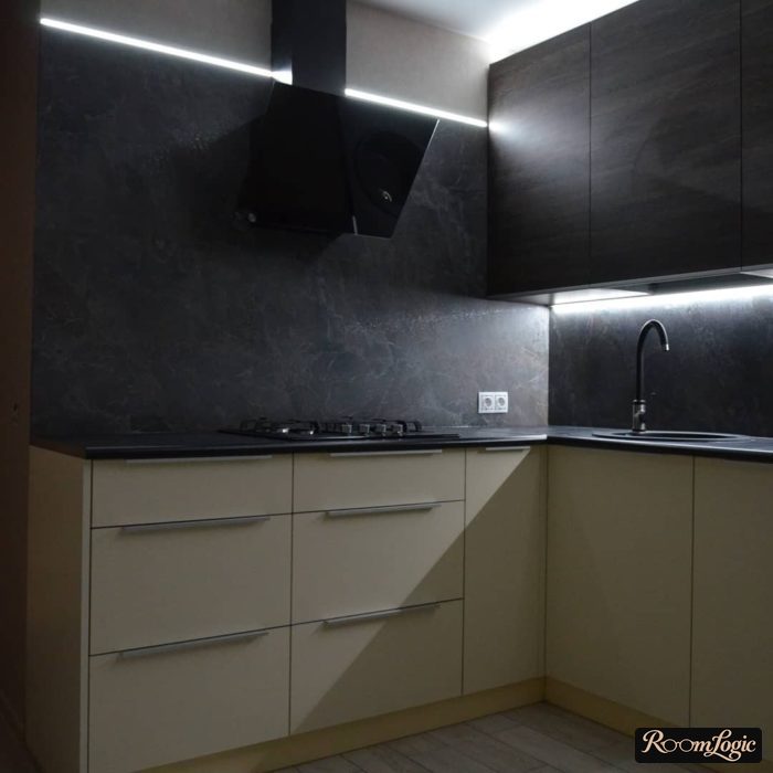 kitchen with gray marble-look backsplash