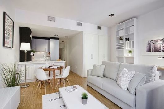 kitchen with living room in minimalism