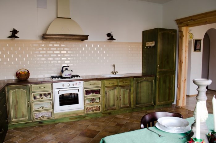 kitchen with milk chocolate colored subway tile