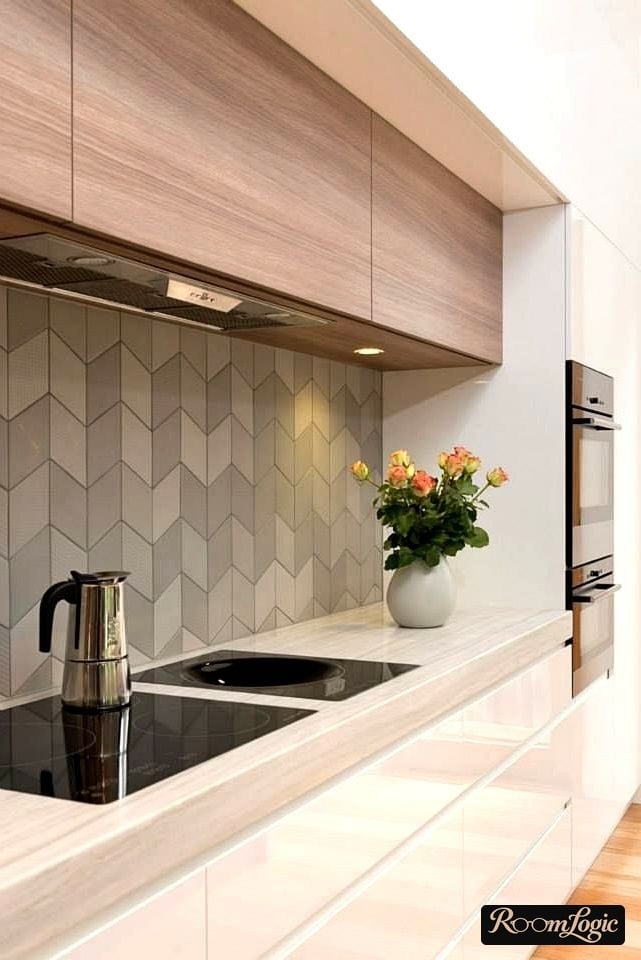 kitchen with white upper and lower cabinets and middle in wood-look