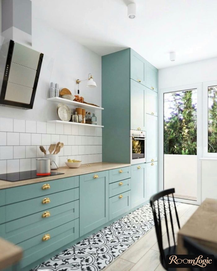 kitchen without upper cabinets with tech drawer under the ceiling