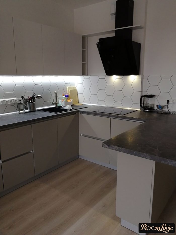 L-shaped kitchen-living room