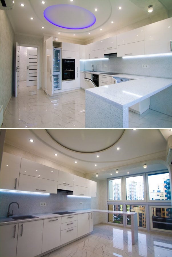 L-shaped kitchen with breakfast bar by the window