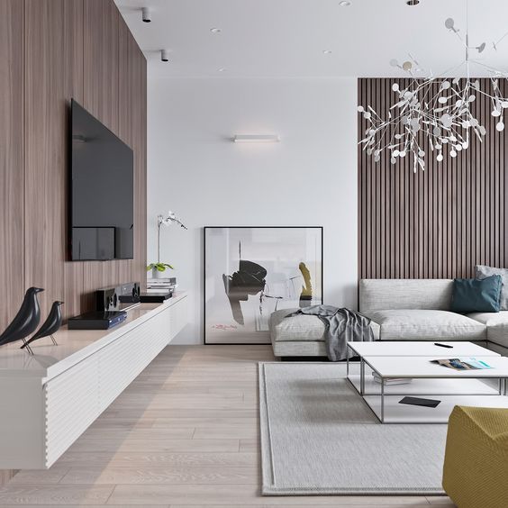 laminate on the wall behind the television in the living room