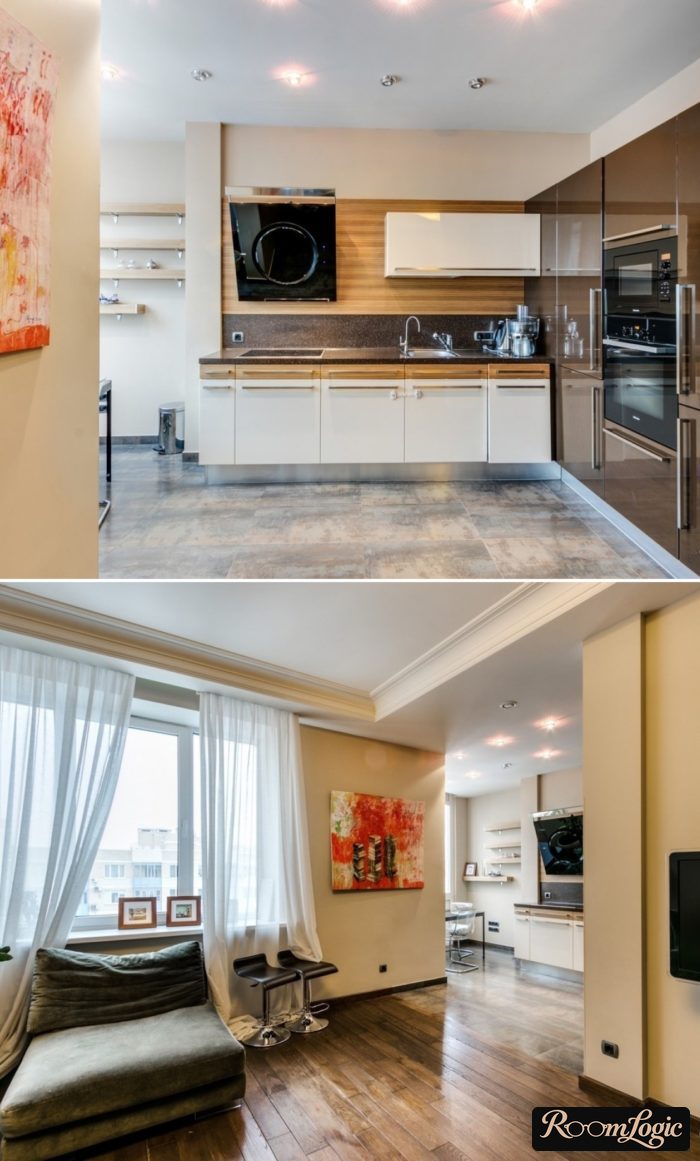 large metal-look tile on the kitchen floor with a transition to parquet