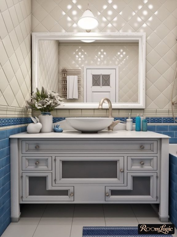 Large vanity in classic style made of solid wood in the bathroom
