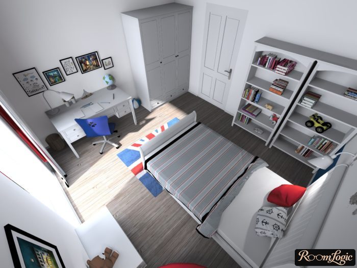 layout and furniture arrangement in a boy's room