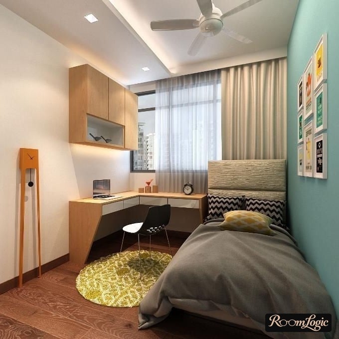 layout and furniture arrangement in a teenage boy's room