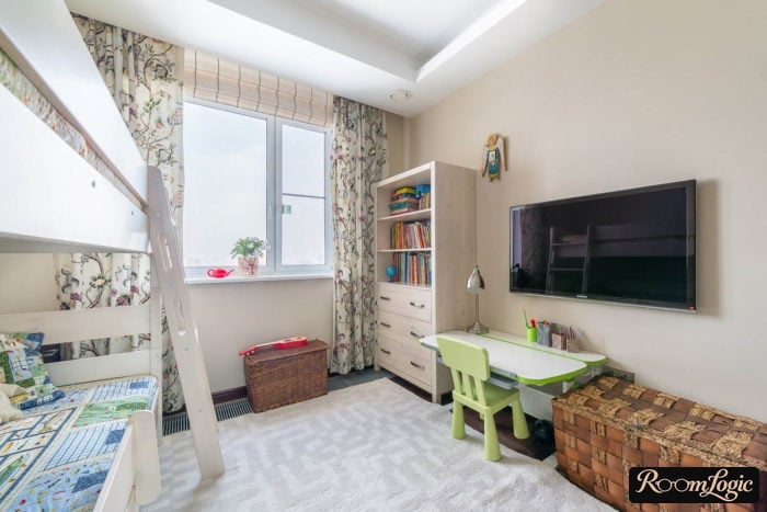layout of a kids' room with a loft bed