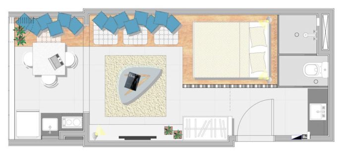 layout of a narrow rectangular studio apartment