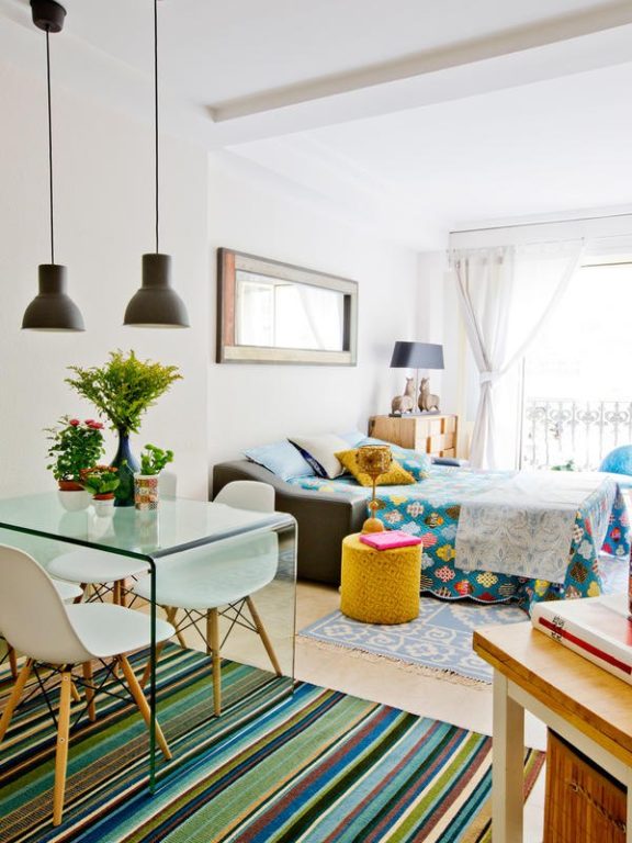 layout of a small rectangular studio apartment