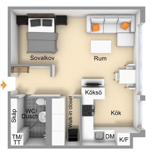 layout of a square studio with a bed