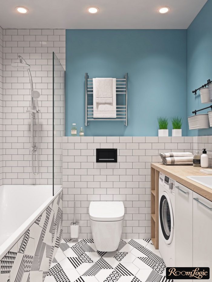 light blue accent wall in the bathroom