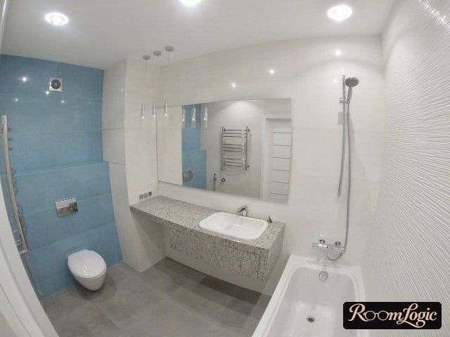 light blue and white tile bathroom decoration