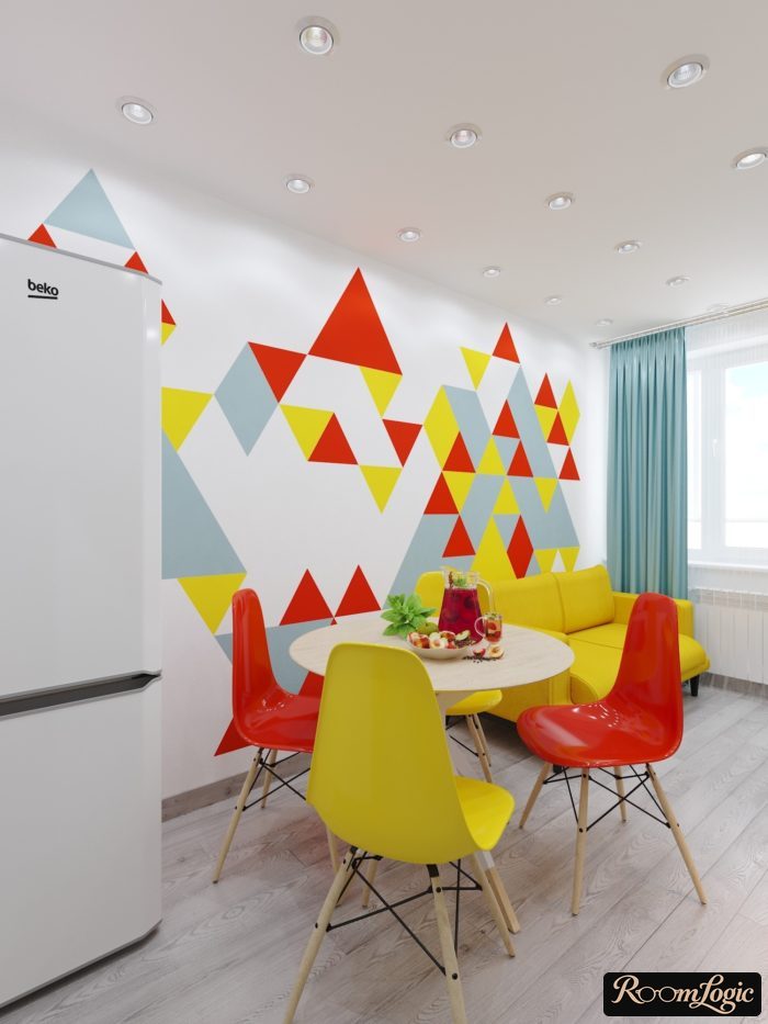 light blue curtains in a bright kitchen with a balcony