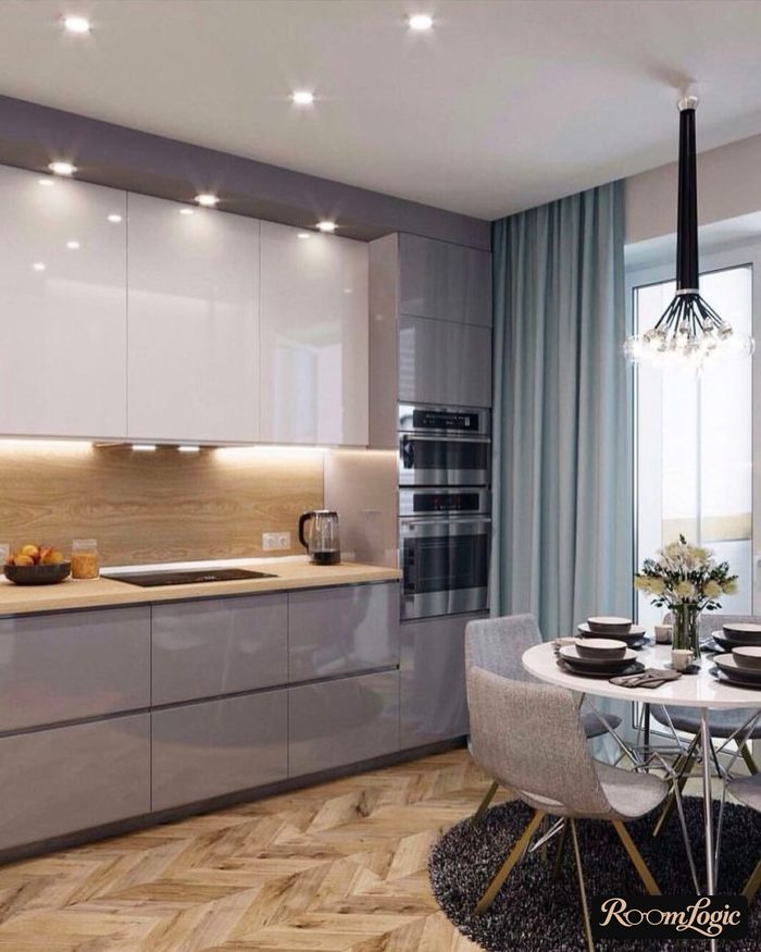 light blue curtains in a gray glossy kitchen