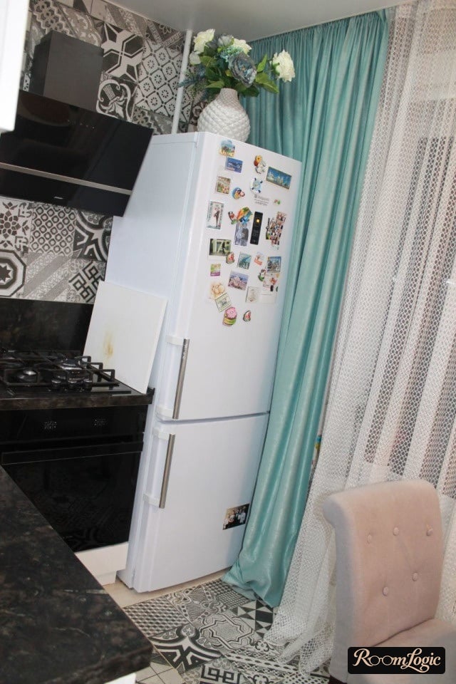 light blue curtains in the kitchen with a balcony