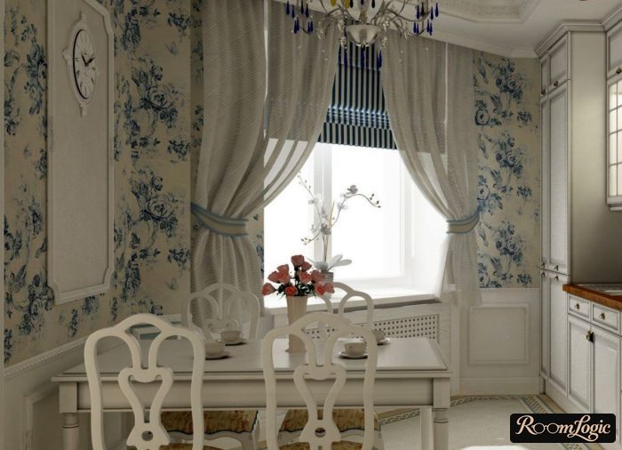 light blue flowers wallpaper on the kitchen in provence style