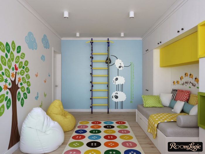 light blue green and yellow design in kids' room