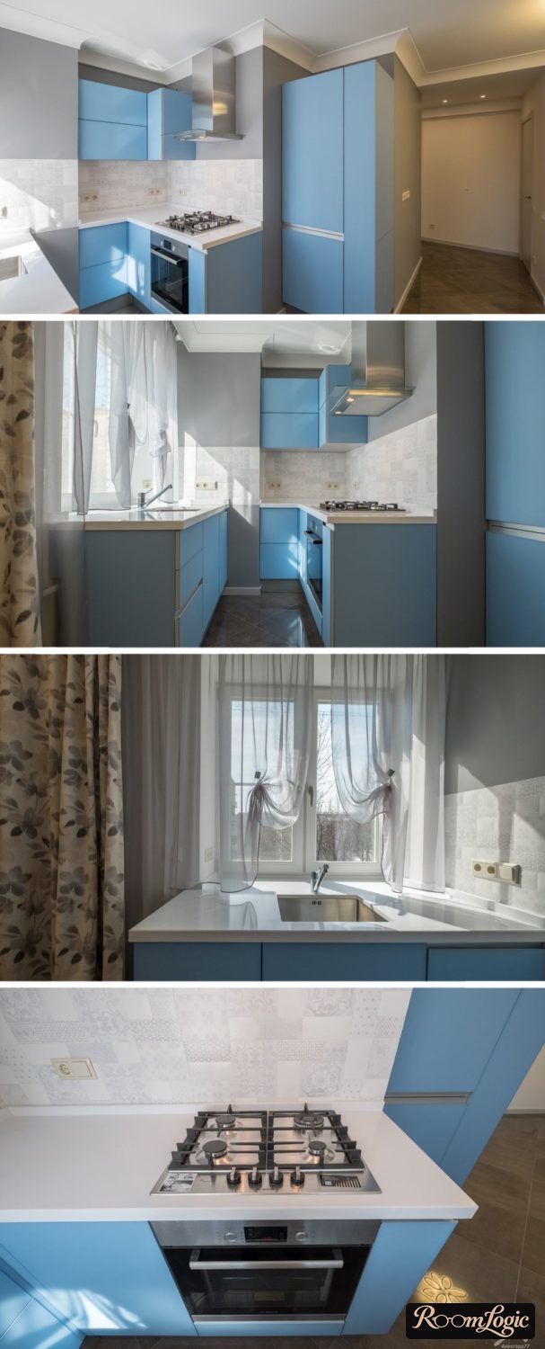 light blue kitchen cabinets with an unusual shape