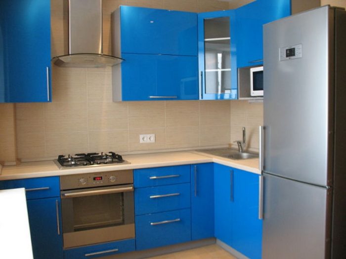 light blue kitchen in a tiny apartment