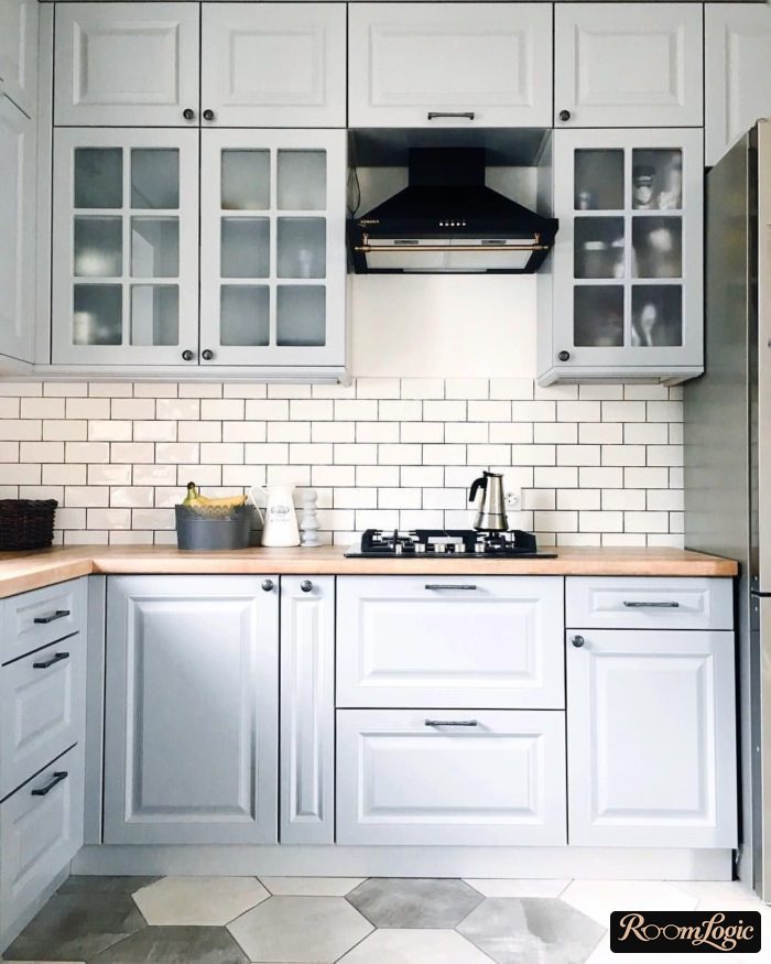 light blue kitchen in neoclassical style