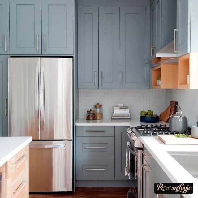 Light blue kitchen in neoclassical style