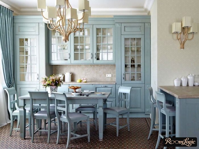 light blue Provence-style kitchen cabinets