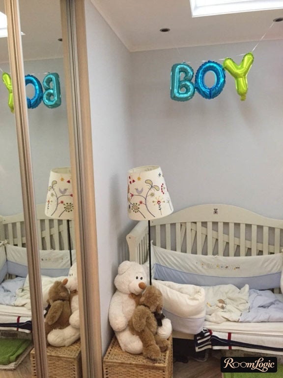 light blue wallpaper in the kids’ room