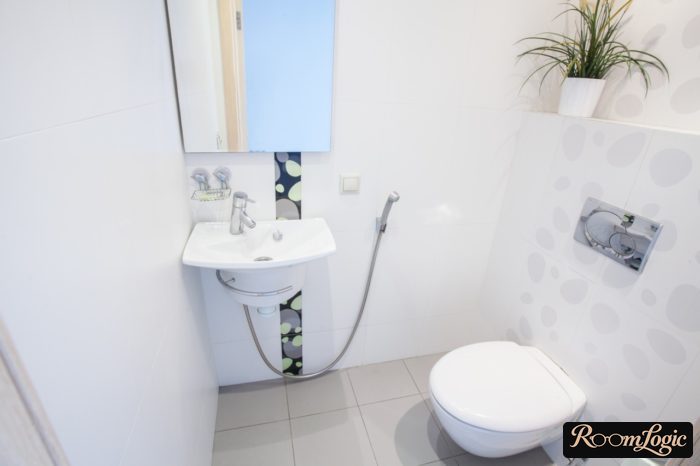 Light-colored toilet with a faux bidet and sink