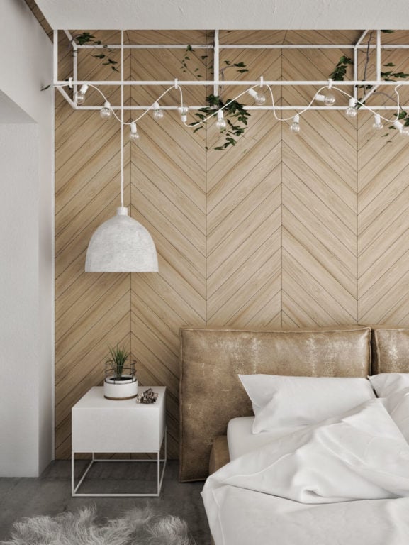 lamp and string lights in bedroom