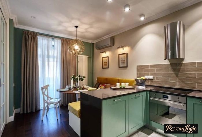 light gray curtains in a small kitchen-living room