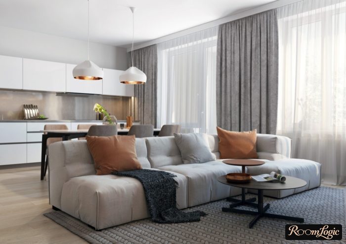 light gray curtains in the kitchen-living room
