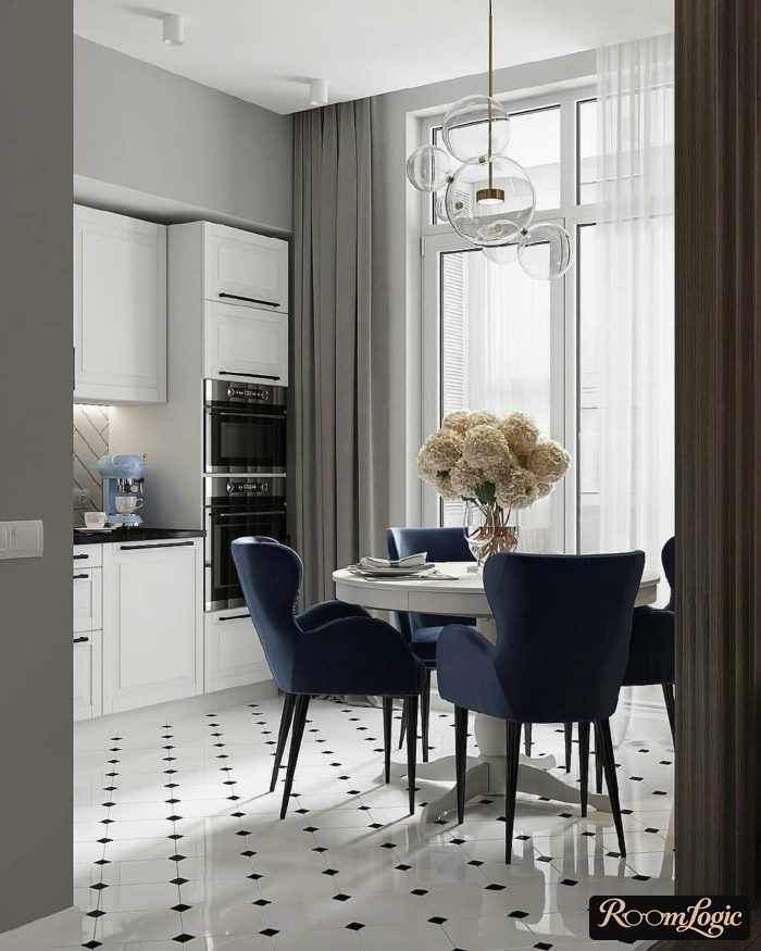 light gray floor curtains in a kitchen with a balcony