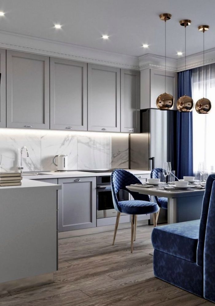 light gray kitchen in neoclassical style