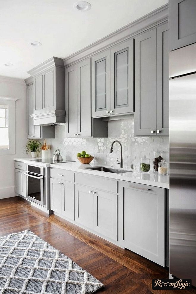 light gray linear kitchen in neoclassical style