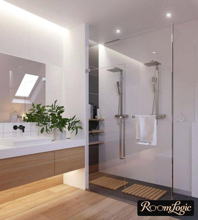 light wood and white in a Scandinavian bathroom