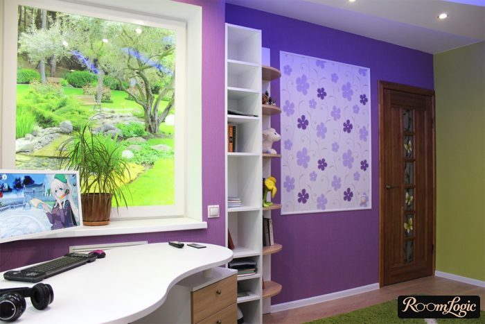 Lilac walls in a teenage girl's bedroom
