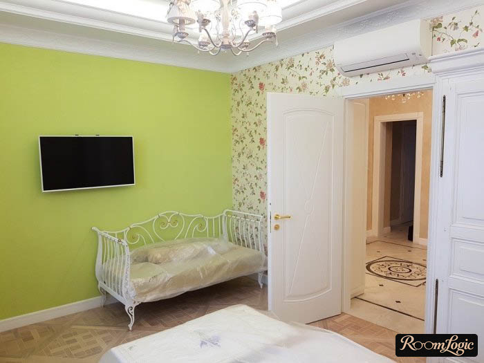Lime green wall in the kids' room