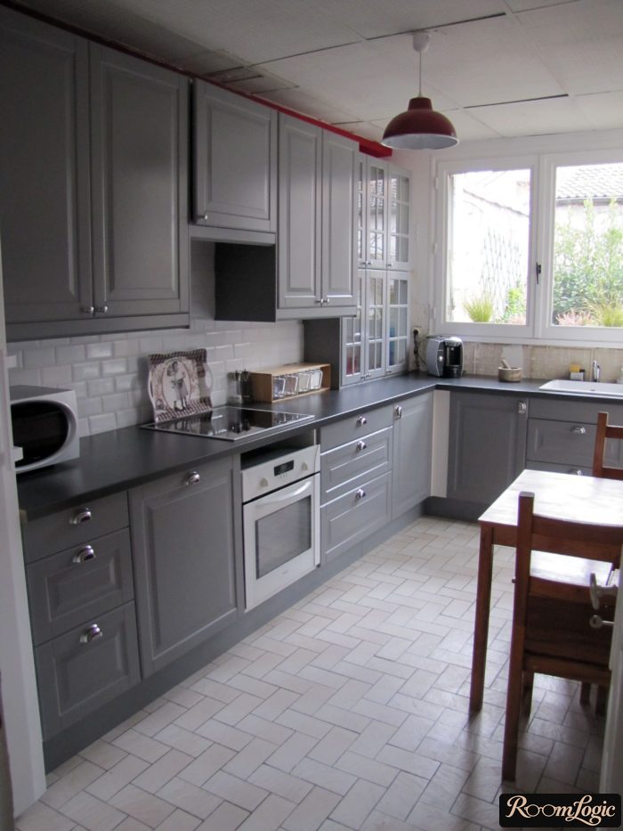 linear gray kitchen in neoclassical style