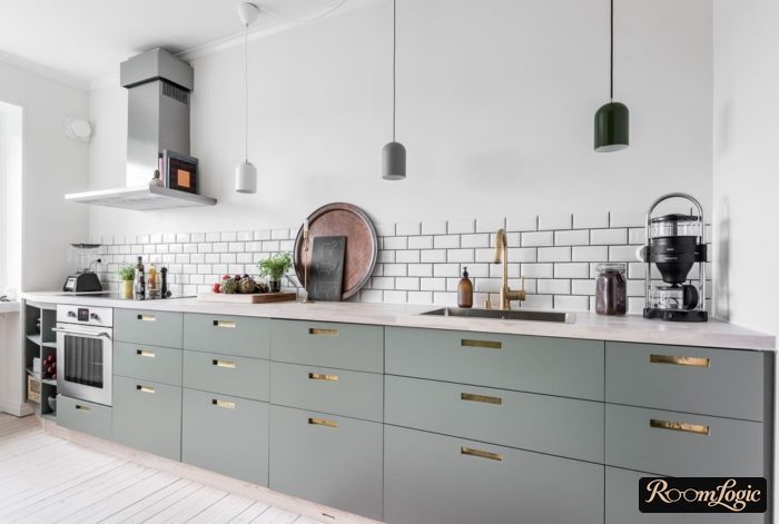 linear kitchen without overhead drawers