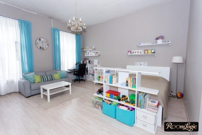 living room, bedroom, and kids' room in one room