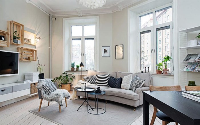 living room in a pre-war apartment in a Scandinavian style