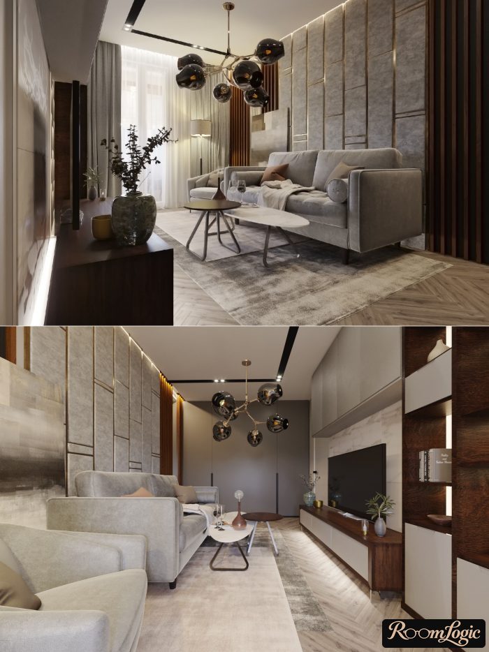 living room in art deco style in gray tones