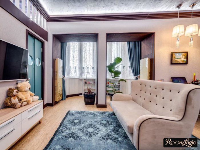 living room in art deco style with balcony